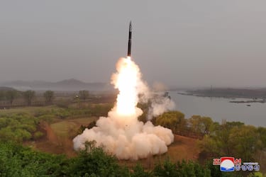 A photo released by the official North Korean Central News Agency (KCNA) shows the test firing of a new solid-fuel Hwasong-18 intercontinental ballistic missile (ICBM) at an undisclosed location in North Korea, 13 April 2023 (Issued 14 April 2023). According to KCNA, a new-type of ICBM Hwasongpho-18 that will serve as an 'important war deterrent', was test-fired on 13 April where the first stage safely landed in the waters 10 kilometres off the Hodo Peninsula in Kumya County, South Hamgyong Province and the second stage in the waters 335 kilometres east of Orang County, North Hamgyong Province. ANSA/KCNA   EDITORIAL USE ONLY  EDITORIAL USE ONLY