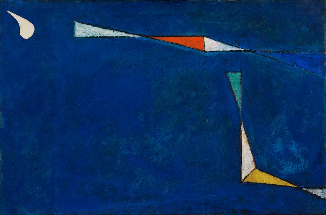Osvaldo Licini, Notturno, 1956, olio su carta applicata su tela, 23,5 x 35 cm, Collezione Fainplast, Ascoli Piceno.