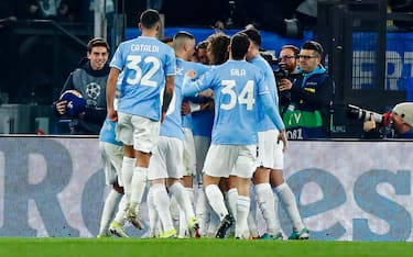 Lazio's Ciro Immobile jubilates after scoring the 1-0 goal during the UEFA Champions League round of 16 first leg soccer match SS Lazio vs FC Bayern Munich at Olimpico stadium in Rome, Italy, 14 February 2024. ANSA/ANGELO CARCONI