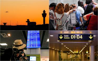 aeroporto al tramonto, tabellone dei voli, passeggeri durante lo sciopero e scritta del gate