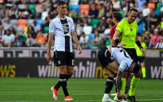 Udinese's Lorenzo Lucca portrait in action  during  Udinese Calcio vs AS Roma, Italian soccer Serie A match in Udine, Italy, April 14 2024