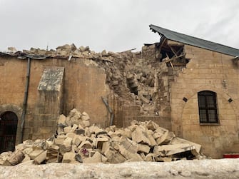 GAZIANTEP, TURKIYE - FEBRUARY 06: A view of damaged historical Gaziantep Castle after a 7.4 magnitude earthquake hit southern provinces of Turkiye, in Gaziantep, Turkiye on February 6, 2023. The 7.4 magnitude earthquake jolted Turkiye's southern province of Kahramanmaras early Monday, according to Turkiye's Disaster and Emergency Management Authority (AFAD). It was followed by a magnitude 6.4 quake that struck southeastern Gaziantep province. A third earthquake with a 6.5 magnitude also hit Gaziantep. Earthquakes had affected several provinces including, Osmaniye, Malatya, AdÃ Â±yaman, Adana, DiyarbakÃ Â±r, Kilis and Sanliurfa. (Photo by Mehmet Akif Parlak/Anadolu Agency via Getty Images)