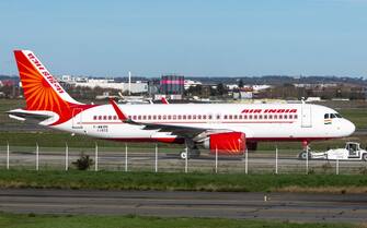 An Air India Ltd. Airbus A320-251N passenger aircraft taxis to the runway at the Airbus SE delivery center at Toulouse-Blagnac Airport in Toulouse, France, on Wednesday, Feb. 14, 2024. Airbus said it plans to hand over about 800 aircraft this year, pushing output of its bestselling A320 family of single-aisle jets at a time when arch-rival Boeing Co. is stuck in crisis mode after a near-disastrous accident early last month. Photographer: Matthieu Rondel/Bloomberg via Getty Images