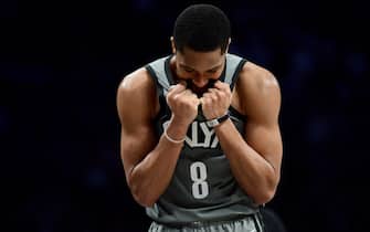 NEW YORK, NEW YORK - DECEMBER 21: Spencer Dinwiddie #8 of the Brooklyn Nets reacts to a foul in the second half of their game against the Atlanta Hawks at Barclays Center on December 21, 2019 in New York City. NOTE TO USER: User expressly acknowledges and agrees that, by downloading and or using this photograph, User is consenting to the terms and conditions of the Getty Images License Agreement. (Photo by Emilee Chinn/Getty Images)