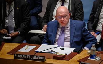 Permanent Representative of the Russian Federation to the United Nations, ambassador Vassily Nebenzia attends a UN security council meeting on the protection of civilians in armed conflict, at the UN headquarters in New York on May 23, 2023. (Photo by Ed JONES / AFP) (Photo by ED JONES/AFP via Getty Images)