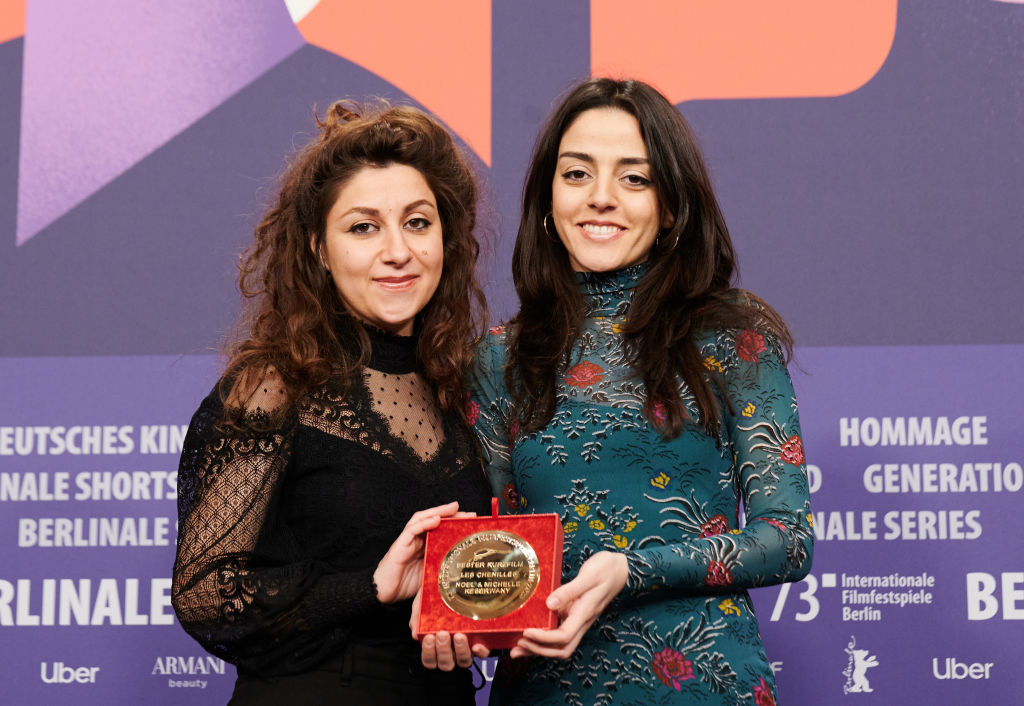 25 February 2023, Berlin: Michelle Keserwany (l) and Noel Keserwany are happy about the Golden Bear for Best Short Film for the film "Les Chenilles" at the press conference of the winners after the Berlinale awards ceremony. The 73rd International Film Festival will take place in Berlin from Feb. 16-26, 2023. Photo: Annette Riedl/dpa (Photo by Annette Riedl/picture alliance via Getty Images)