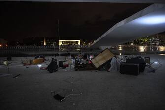 BRASILIA, BRAZIL - JANUARY 8: Damaged furniture are seen piled in front of the Palacio do Planalto (the official workplace of the president of Brazil) following a protest by supporters of Brazil's former President Jair Bolsonaro against President Luiz Inacio Lula da Silva, in Brasilia, Brazil, on January 8, 2023. (Photo by Mateus Bonomi/Anadolu Agency via Getty Images)