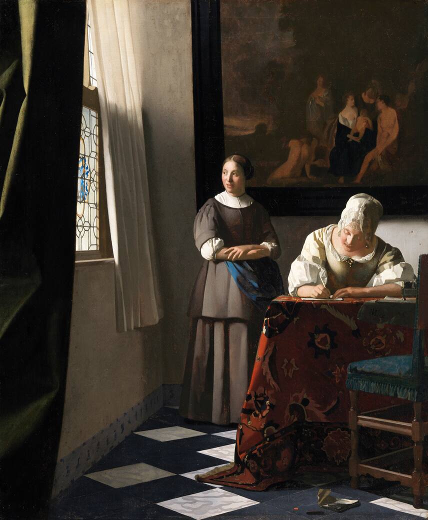  Johannes Vermeer (1632-1675), Woman Writing a Letter with Her Maid, ca.1670-72. Oil on canvas 28 x 23 13/16 in. (71.1x 60.5 cm). National Gallery of Ireland, Dublin; presented by Sir Alfred and Lady Beit, 1987 (Beit Collection)