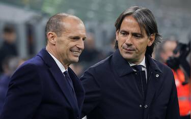 FC Inter Milan's coach Simone Inzaghi and Juventus FC's coach Massimiliano Allegri prior to  the Italian Serie A soccer match between FC Inter Milan and Juventus FC at Giuseppe Meazza stadium in Milano, Italy, 19 March 2023. ANSA / ROBERTO BREGANI