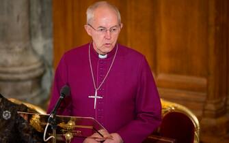 epa10335540 Britain's Archbishop of Canterbury Justin Welby speaks at the Lord Mayor's Banquet in London, Britain, 28 November 2022. The Lord Mayor's Banquet is an annual ceremony that marks the change of Lord Mayors of the City of London. The event includes speeches from Prime Minister, Archbishop of Canterbury and Lord Mayor about the major world affairs and City of London's future.  EPA/TOLGA AKMEN