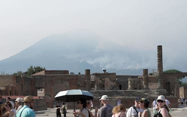 L'incendio nel Parco Nazionale del Vesuvio visto dal foro del Parco archeologico degli scavi di Pompei, 09 agosto 2025.
ANSA/CESARE ABBATE