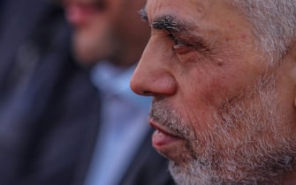 epa10573182 Senior Hamas leader in Gaza Strip, Yahya Al-Sinwar attends a Hamas rally marking Al-Quds Day, or 'Jerusalem Day', in Gaza City on, 14 April 2023. Al-Quds Day was started in 1979 by the late Ayatollah Khomeini, founder of the Islamic Iranian republic, who called on the world's Muslims to show solidarity with Palestinians on the last Friday of the fasting month of Ramadan.  EPA/MOHAMMED SABER