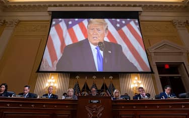 epa10374254 Former US President Donald Trump displayed on a screen during a hearing of the Select Committee to Investigate the January 6th Attack on the US Capitol in Washington, DC, USA, 19 December 2022.  EPA/Al Drago / POOL