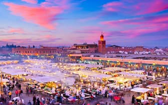 Morocco, Marrakesh, Djemaa el-Fna Square.Djemaa el Fna is a square and market place in Marrakesh's medina quarter (old city)