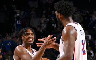 PHILADELPHIA, PA - NOVEMBER 12: Tyrese Maxey #0 celebrates with Tobias Harris #12 of the Philadelphia 76ers during the game against the Indiana Pacers on November 12, 2023 at the Wells Fargo Center in Philadelphia, Pennsylvania NOTE TO USER: User expressly acknowledges and agrees that, by downloading and/or using this Photograph, user is consenting to the terms and conditions of the Getty Images License Agreement. Mandatory Copyright Notice: Copyright 2023 NBAE (Photo by David Dow/NBAE via Getty Images)