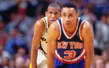 INDIANAPOLIS, IN - JUNE 3: John Starks #3 of the New York Knicks and Reggie Miller #31 of the Indiana Pacers looks on during game six of the Eastern Conference Finals of the 1994 Playoffs on June 3, 1994 at Market Square Arena in Indianapolis, Indiana.  NOTE TO USER: User expressly acknowledges and agrees that, by downloading and or using this Photograph, user is consenting to the terms and conditions of the Getty Images License Agreement.  Mandatory Copyright Notice: Copyright 1994 NBAE (Photo by Andrew D. Bernstein/NBAE via Getty Images)