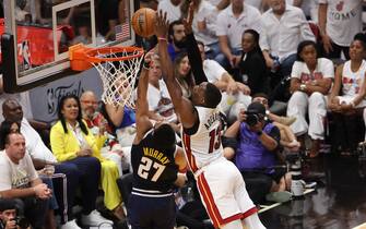 MIAMI, FL - JUNE 9: Bam Adebayo #13 of the Miami Heat blocks the shot from Jamal Murray #27 of the Denver Nuggets during Game Four of the 2023 NBA Finals on June 9, 2023 at Kaseya Center in Miami, Florida. NOTE TO USER: User expressly acknowledges and agrees that, by downloading and or using this Photograph, user is consenting to the terms and conditions of the Getty Images License Agreement. Mandatory Copyright Notice: Copyright 2023 NBAE (Photo by Joe Murphy/NBAE via Getty Images)