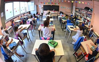 Primo giorno di scuola presso elementari  edi  Erminio franchetti, Torino 13 settembre 2021 ANSA/ALESSANDRO DI MARCO