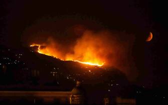 A moment of the rescue operations to put out the fire in Palermo, 25 July 2023.  Wildfires have swept Sicily amid Italy's latest heatwave and Palermo airport was briefly close to traffic amid an encroaching fire earlier Tuesday. ANSA/FRANCESCO MILITELLO MIRTO