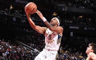 LAS VEGAS, NV - DECEMBER 9: Bruce Brown #11 of the Indiana Pacers drives to the basket during the game against the Los Angeles Lakers during the In-Season Tournament Championship game on December 9, 2023 at T-Mobile Arena in Las Vegas, Nevada. NOTE TO USER: User expressly acknowledges and agrees that, by downloading and or using this photograph, User is consenting to the terms and conditions of the Getty Images License Agreement. Mandatory Copyright Notice: Copyright 2023 NBAE (Photo by Andrew D. Bernstein/NBAE via Getty Images)