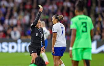 Lauren James (7) of England gets a yellow card during the 2023 FIFA Womenâ&#x80;&#x99;s World Cup, Round of 16 football match between England and Nigeria on 7 August 2023 at Brisbane Stadium in Brisbane, Australia
