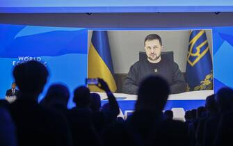 epa10413703 Ukrainian President Volodymyr Zelenskyy delivers a speech by video conference during the 53rd annual meeting of the World Economic Forum (WEF) in Davos, Switzerland, 18 January 2023. The meeting brings together entrepreneurs, scientists, corporate and political leaders in Davos under the topic 'Cooperation in a Fragmented World' from 16 to 20 January.  EPA/GIAN EHRENZELLER