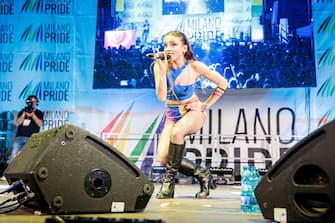 MILAN, ITALY - JUNE 24: Angelina Mango performs during the Milano Pride 2023 closing event at Arco Della Pace on June 24, 2023 in Milan, Italy. Milano Pride is a parade and festival held at the end of June each year in Milan, to celebrate LGBTQ+ people and their allies. (Photo by Sergione Infuso/Getty Images for Milano Pride)