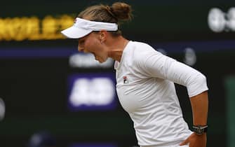 epa11475807 Barbora Krejcikova of the Czech Republic reacts during her Women's Singles final match against Jasmine Paolini of Italy at the Wimbledon Championships in London, Britain, 13 July 2024.  EPA/TOLGA AKMEN  EDITORIAL USE ONLY