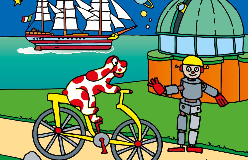 Un dettaglio della copertina di “Pimpa. Un viaggio nella scienza”