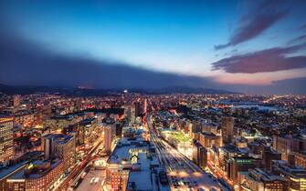 Night photo of the cityscape of Sapporo city in Hokkaido, Japan. photo taken on 12/02/2019