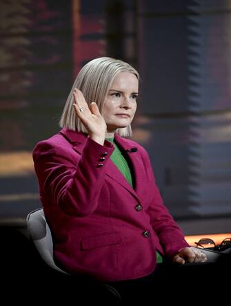 Chairperson of the True Finns Party Riikka Purra gestures as she attends an election debate, arranged by media company MTV, in Helsinki, Finland on March 29, 2023, ahead of the Finnish 2023 parliamentary elections on April 2, 2023. (Photo by Markku Ulander / Lehtikuva / AFP) / Finland OUT (Photo by MARKKU ULANDER/Lehtikuva/AFP via Getty Images)