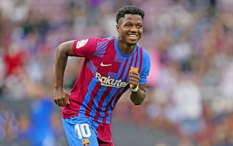Ansu Fati of FC Barcelona celebrates his goal during the La Liga match between FC Barcelona and Levante UD played at Camp Nou Stadium on September 26, 2021 in Barcelona, Spain. (Photo by Sergio Ruiz / PRESSINPHOTO)