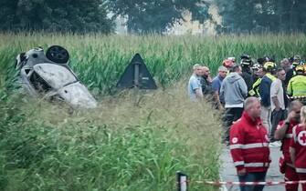 A plane of the acrobatic patrol of the Frecce Tricolori crashed near the airport of Caselle, Turin, Italy, 16 September 2023. The pilot escaped by parachuting while a five-year-old girl died in the crash. The aircraft crashed at the bottom of the track involving, according to the first news, a car.    ANSA / TINO ROMANO