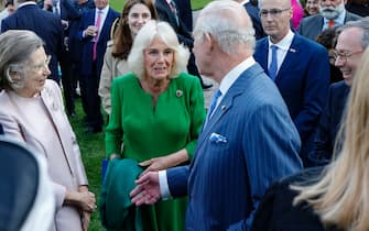 Britain's King Charles III and Queen Camilla during a meeting with the British community in Villa Wolkonsky, Rome, Italy 8 April 2025. ANSA/FABIO FRUSTACI

