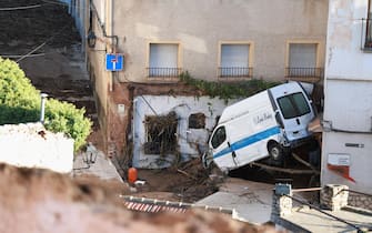 epa11693760 View of a damaged vehicle in the flood-affected Municipality of Letur, central of Spain, 31 October 2024. One person has been confirmed deceased, and five others still missing following the severe rainfall in Letur. At least 95 people died in the province of Valencia and neighboring provinces following floods caused by the DANA (high-altitude isolated depression) phenomenon impacting the eastern part of the country.  EPA/ISMAEL HERRERO