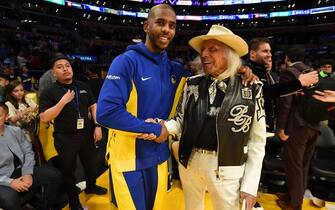 LOS ANGELES, CA - APRIL 9: Chris Paul #3 of the Golden State Warriors and James Goldstein smile after the game against the Los Angeles Lakers on April 9, 2024 at Crypto.Com Arena in Los Angeles, California. NOTE TO USER: User expressly acknowledges and agrees that, by downloading and/or using this Photograph, user is consenting to the terms and conditions of the Getty Images License Agreement. Mandatory Copyright Notice: Copyright 2024 NBAE (Photo by Andrew D. Bernstein/NBAE via Getty Images)