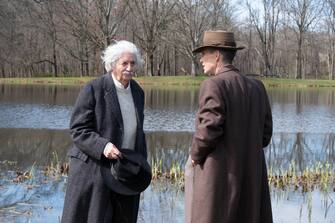 L to R: Tom Conti is Albert Einstein and Cillian Murphy is J. Robert Oppenheimer in OPPENHEIMER, written, produced, and directed by Christopher Nolan.