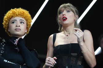 Feb 11, 2024; Paradise, Nevada, USA; Recording artist Taylor Swift pictured with Ice Spice reacts during the first quarter of Super Bowl LVIII between Kansas City Chiefs and San Francisco 49ers at Allegiant Stadium. Mandatory Credit: Joe Camporeale-USA TODAY Sports/Sipa USA