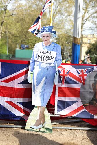 LONDON, ENGLAND - MAY 04: A cardboard cutout of Queen Elizabeth II with a sign which states 'That's my boy' is seen at the royal 'superfans' camp on The Mall ahead of the coronation of King Charles III, which takes place on May 6th. (Photo by Chris Jackson/Getty Images)