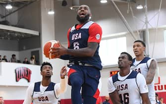 LAS VEGAS, NV - JULY 8:   LeBron James #6 of the USAB Mens Team goes to the basket during the USAB Men's Training Camp on July 8, 2024 at UNLV in Las Vegas, Nevada. NOTE TO USER: User expressly acknowledges and agrees that, by downloading and or using this photograph, User is consenting to the terms and conditions of the Getty Images License Agreement. Mandatory Copyright Notice: Copyright 2024 NBAE (Photo by Brian Babineau/NBAE via Getty Images)