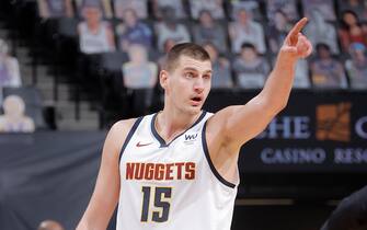 SACRAMENTO, CA - FEBRUARY 6: Nikola Jokic #15 of the Denver Nuggets looks on during the game against the Sacramento Kings on February 6, 2021 at Golden 1 Center in Sacramento, California. NOTE TO USER: User expressly acknowledges and agrees that, by downloading and or using this Photograph, user is consenting to the terms and conditions of the Getty Images License Agreement. Mandatory Copyright Notice: Copyright 2021 NBAE (Photo by Rocky Widner/NBAE via Getty Images)