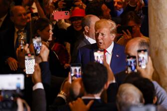 Former US President Donald Trump arrives to deliver remarks at the Mar-a-Lago Club in Palm Beach, Florida, US, on Tuesday, April 4, 2023. Trump entered a not-guilty plea to 34 counts of falsifying business records in the first degree in a proceeding that took a little less than an hour. Photographer: Eva Marie Uzcategui/Bloomberg via Getty Images