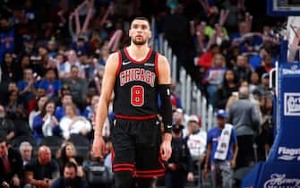 DETROIT, MI - DECEMBER 21: Zach LaVine #8 of the Chicago Bulls looks on during a game against the Detroit Pistons on December 21, 2019 at Little Caesars Arena in Detroit, Michigan. NOTE TO USER: User expressly acknowledges and agrees that, by downloading and/or using this photograph, User is consenting to the terms and conditions of the Getty Images License Agreement. Mandatory Copyright Notice: Copyright 2019 NBAE (Photo by Brian Sevald/NBAE via Getty Images)