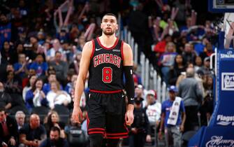 DETROIT, MI - DECEMBER 21: Zach LaVine #8 of the Chicago Bulls looks on during a game against the Detroit Pistons on December 21, 2019 at Little Caesars Arena in Detroit, Michigan. NOTE TO USER: User expressly acknowledges and agrees that, by downloading and/or using this photograph, User is consenting to the terms and conditions of the Getty Images License Agreement. Mandatory Copyright Notice: Copyright 2019 NBAE (Photo by Brian Sevald/NBAE via Getty Images)