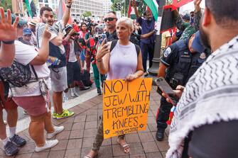 epa11494471 A pro-Israeli counter-protester is seen, as protesters against the Israeli operations in Gaza and US weapons sales to Israel gather on the day of the visit of Prime Minister of Israel Benjamin Netanyahu on Capitol Hill in Washington, DC, USA, 24 July 2024. Netanyahu's address to a joint meeting of the US Congress comes amid a close 2024 US presidential election cycle. Thousands of pro-Palestinian protesters were expected to gather near the US Capitol when Netanyahu becomes the first leader to address the US Congress four times.  EPA/AARON SCHWARTZ