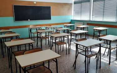 Italy - September 2020: School desks Covid-19 period spacing of one meter