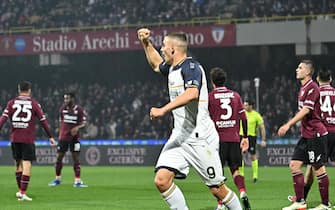 Lecce's Nikola Krstovic jubilates after the autogoal of Salernitana's Nobert Gyomber during the Italian Serie A soccer match US Salernitana vs US Lecce at the Arechi stadium in Salerno, Italy, 16 March 2024.
ANSA/MASSIMO PICA