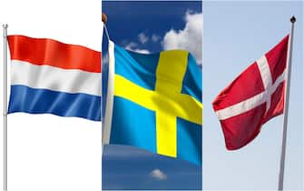Le bandiere di Svezia, Paesi Bassi e Danimarca
