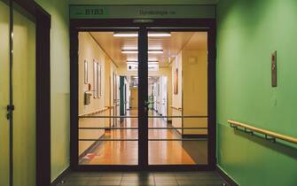 October 2018. Germany Helios Klinikum Krefeld. Interior hospital inside. Spacious deserted corridors of station, floor of new ho