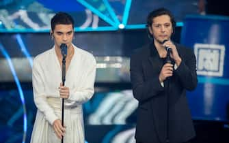 Italian singers Maninni (Alessio Mininni), Ermal Meta at 74 Sanremo Music Festival. Fourth evening. Sanremo (Italy), February 9th, 2024 (Photo by Pool Insabato Rovaris/Mondadori Portfolio via Getty Images)